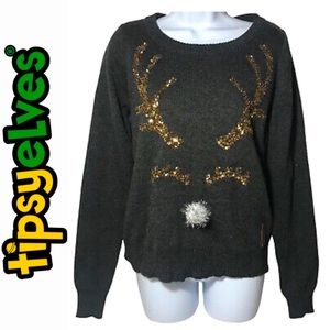 TIPSEY ELVES GRAY REINDEER UGLY CHRISTMAS SWEATER POM SEQUIN GOLD